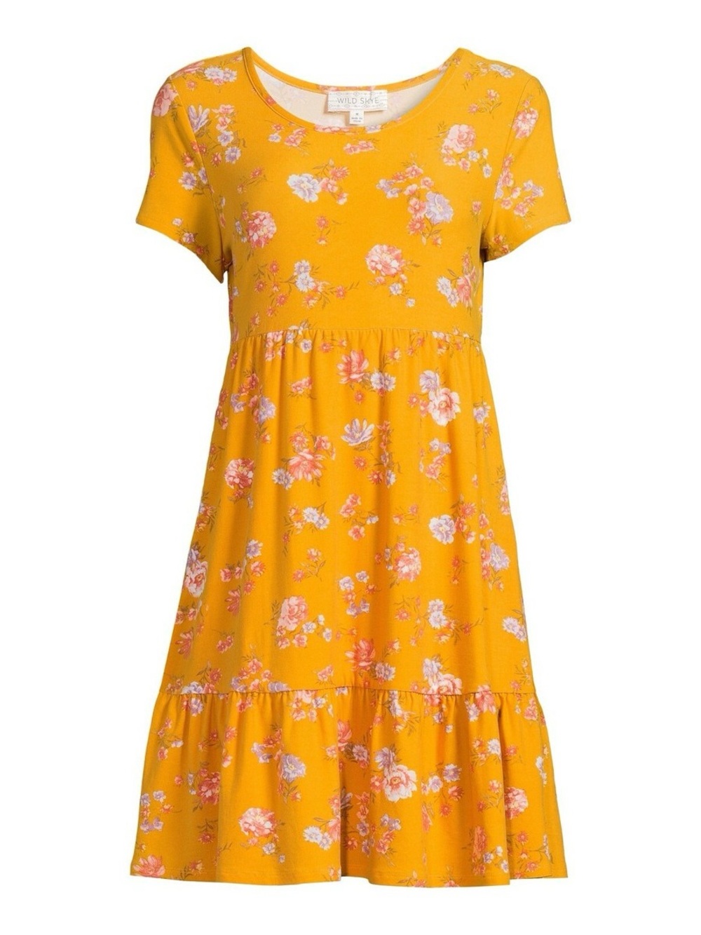 🆕 NWT Pink Rose Yellow Floral Tiered Short Sleeve Casual Dress